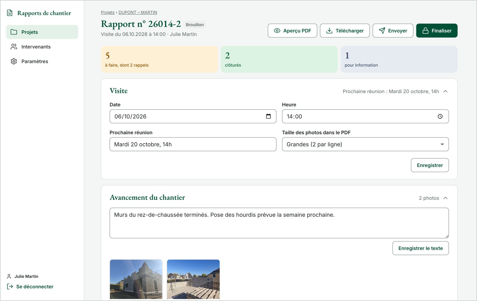 Interface Rapports de chantier : saisie d'un PV de visite sur le chantier
